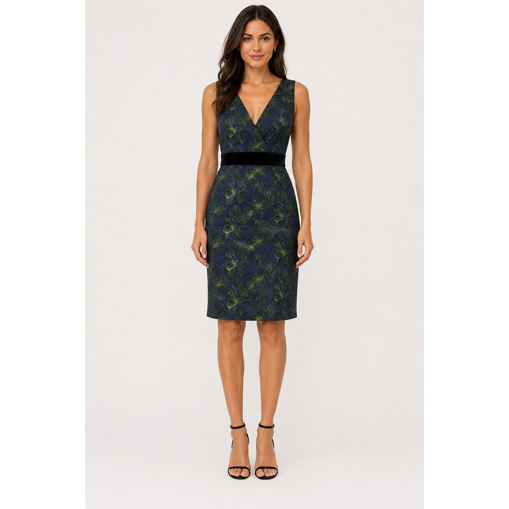 MSSP Navy Blue Green Jacquard Velvet Trim V-Neck Sheath Dress Size Medium NWT